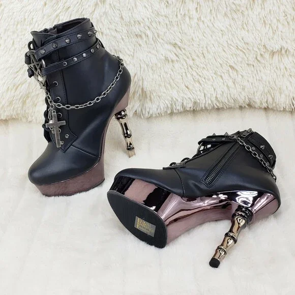 NIB MUERTO 1001 Finger Bone Heel Platform Biker Ankle Boots Charm Chain - Picture 9 of 12